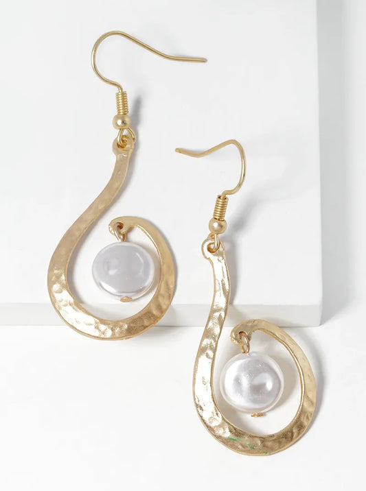 Hammered Metal Teardrop With Pearl Dangle Drop Earrings