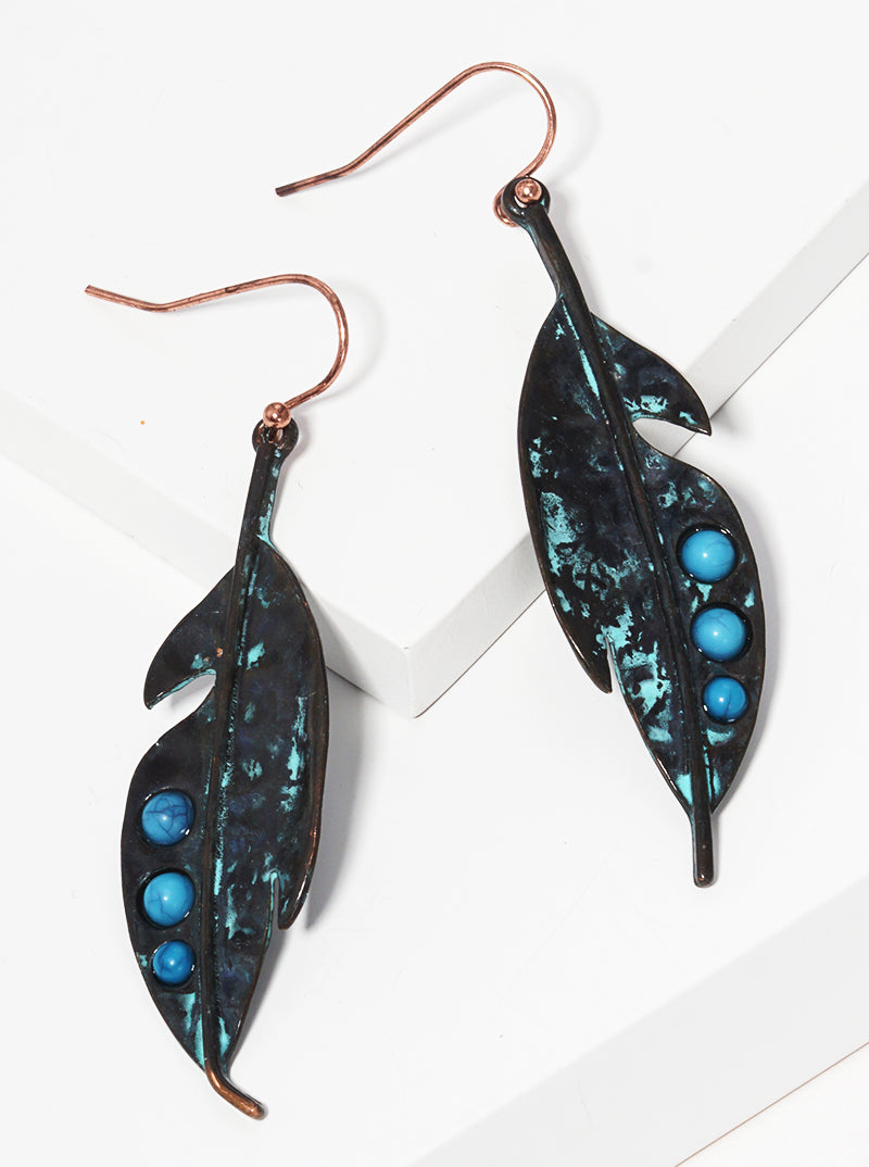 Hammered Metal Turquoise Beaded Leaves Fish Hook Dangle Drop Earrings