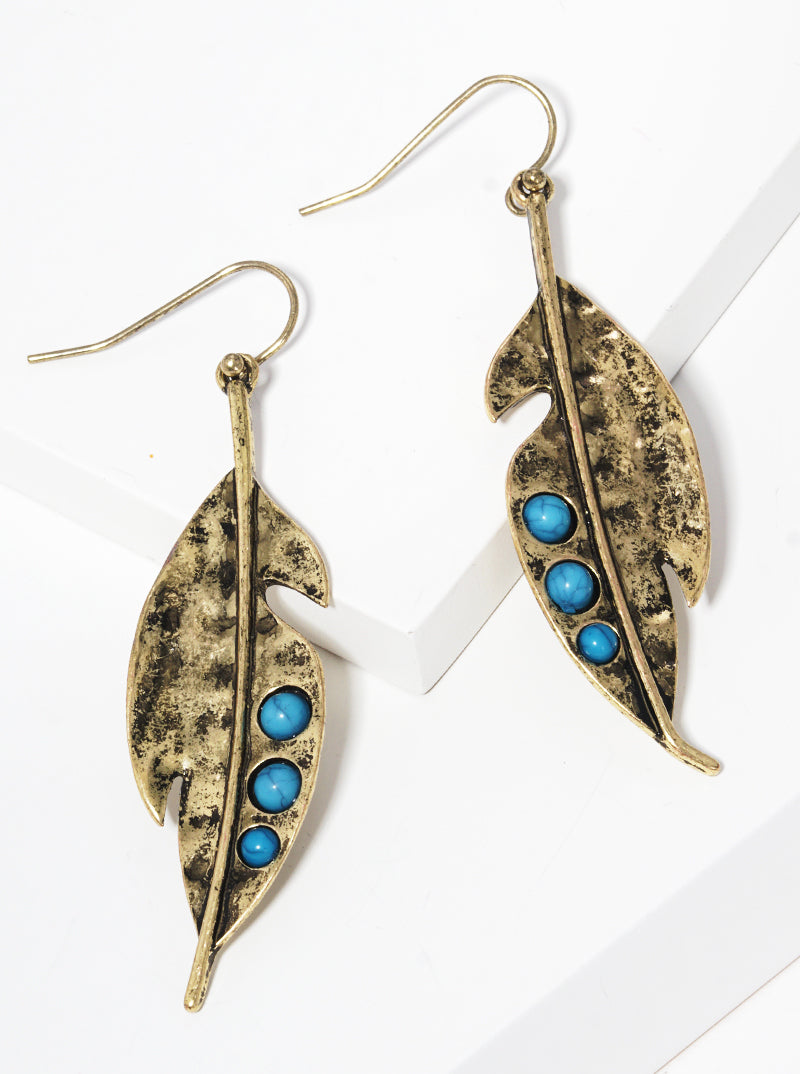 Hammered Metal Turquoise Beaded Leaves Fish Hook Dangle Drop Earrings