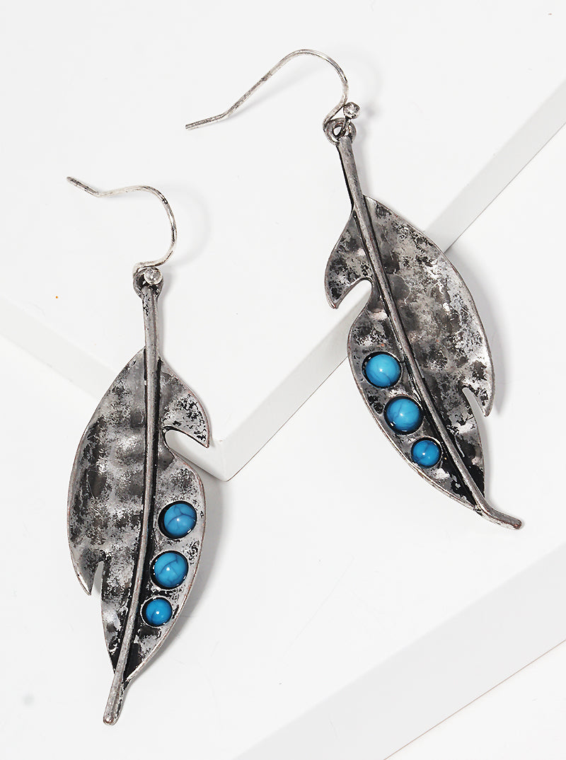 Hammered Metal Turquoise Beaded Leaves Fish Hook Dangle Drop Earrings