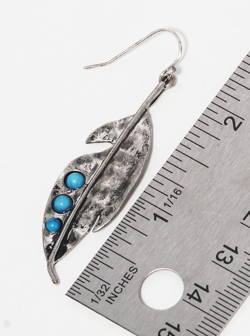 Hammered Metal Turquoise Beaded Leaves Fish Hook Dangle Drop Earrings