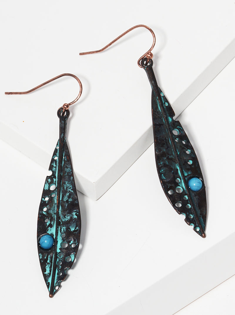 Hammered Metal Turquoise Beaded Leaves Western Style Dangle Drop Earrings