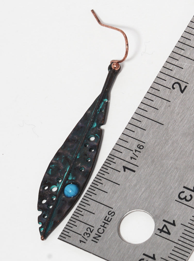 Hammered Metal Turquoise Beaded Leaves Western Style Dangle Drop Earrings