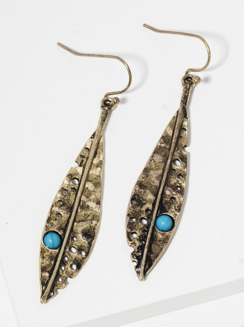 Hammered Metal Turquoise Beaded Leaves Western Style Dangle Drop Earrings