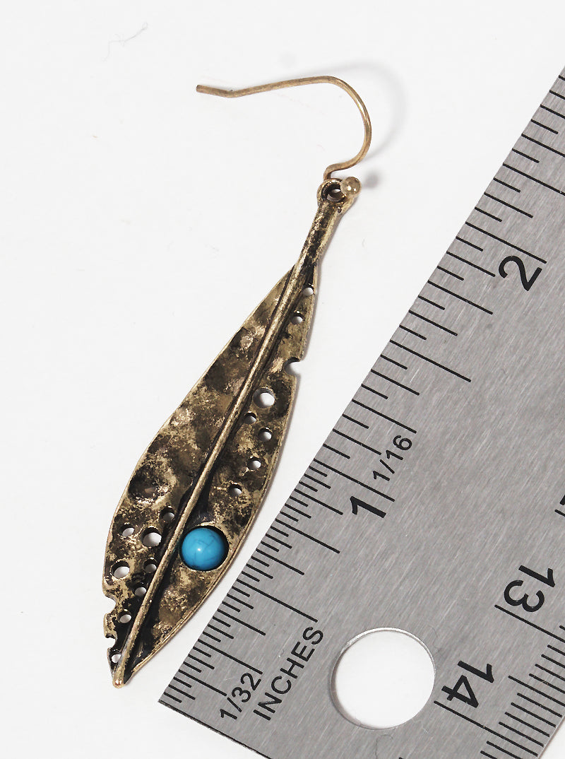 Hammered Metal Turquoise Beaded Leaves Western Style Dangle Drop Earrings