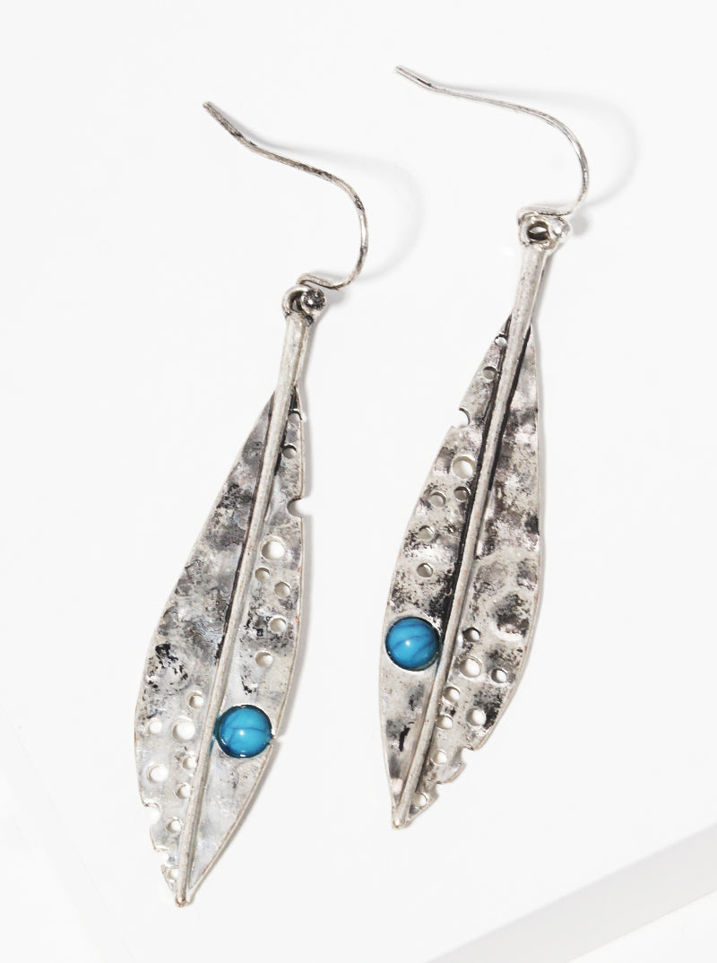 Hammered Metal Turquoise Beaded Leaves Western Style Dangle Drop Earrings