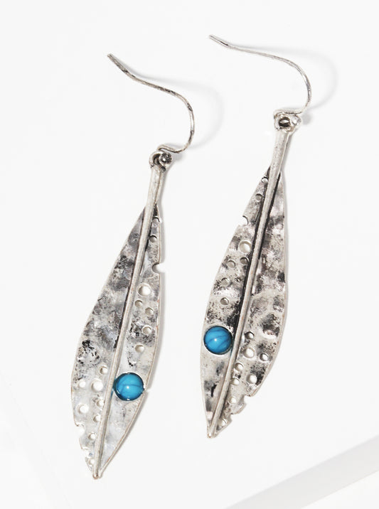 Hammered Metal Turquoise Beaded Leaves Western Style Dangle Drop Earrings