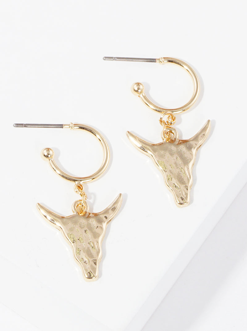 Hammered Metal Western Bull Skull Drop 10mm Huggie Hoop Earrings
