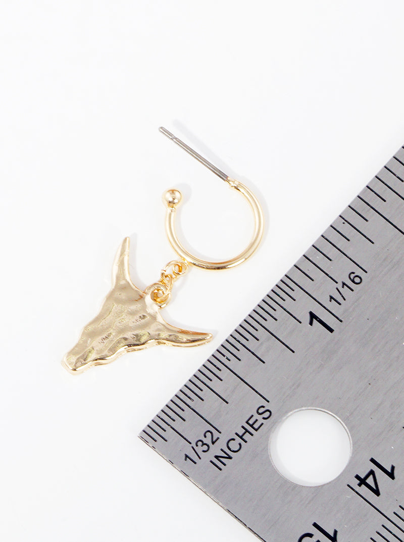 Hammered Metal Western Bull Skull Drop 10mm Huggie Hoop Earrings