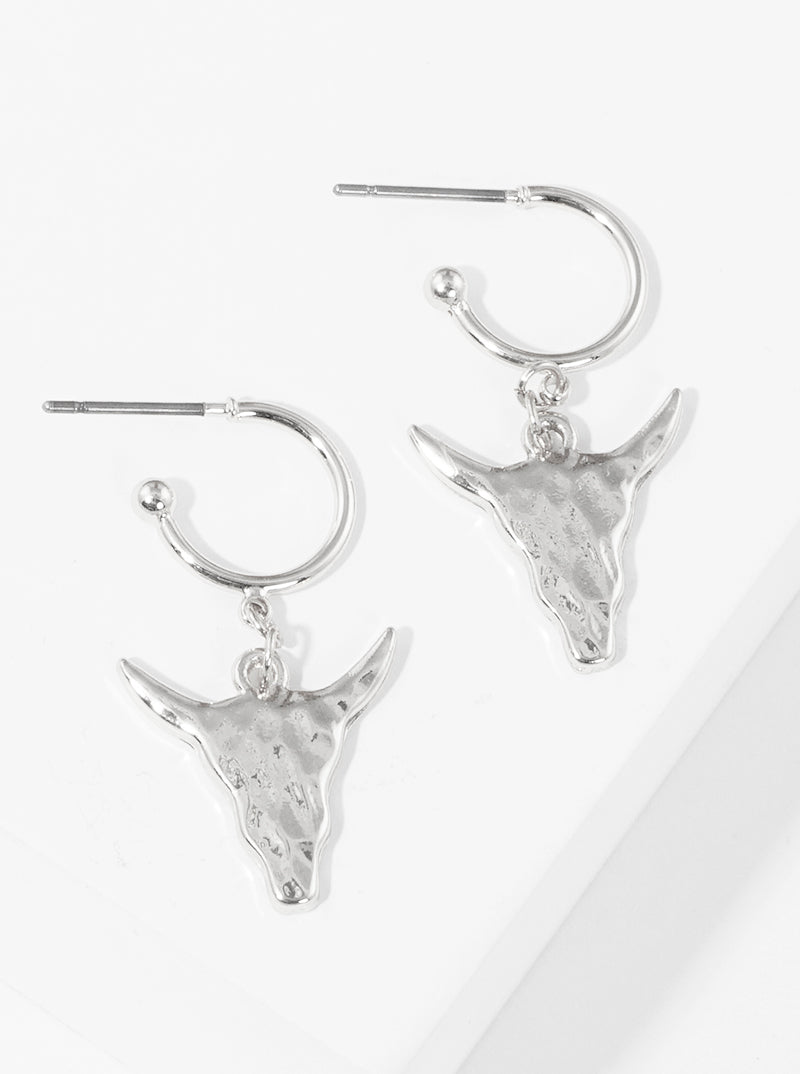 Hammered Metal Western Bull Skull Drop 10mm Huggie Hoop Earrings