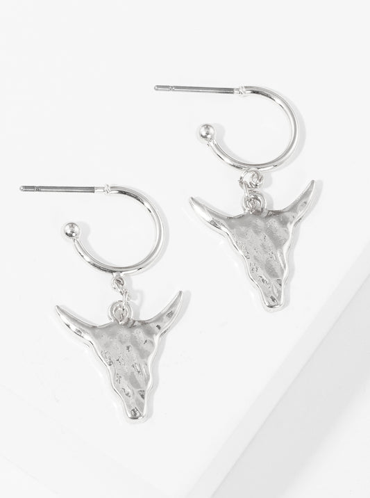 Hammered Metal Western Bull Skull Drop 10mm Huggie Hoop Earrings