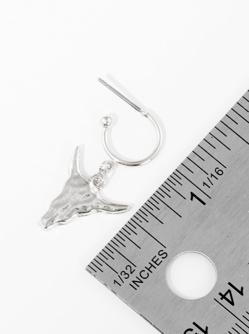 Hammered Metal Western Bull Skull Drop 10mm Huggie Hoop Earrings