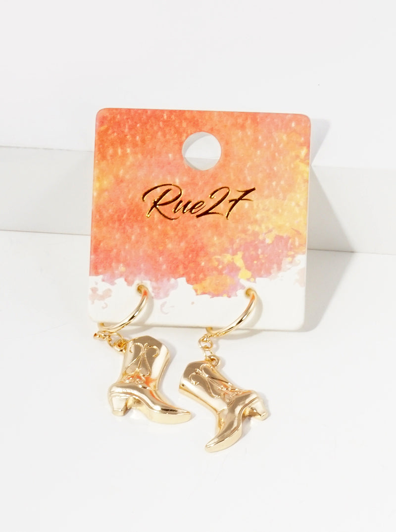 Hammered Metal Western Cowgirl Boots Drop 10mm Huggie Hoop Earrings
