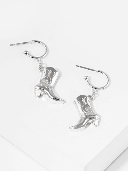 Hammered Metal Western Cowgirl Boots Drop 10mm Huggie Hoop Earrings