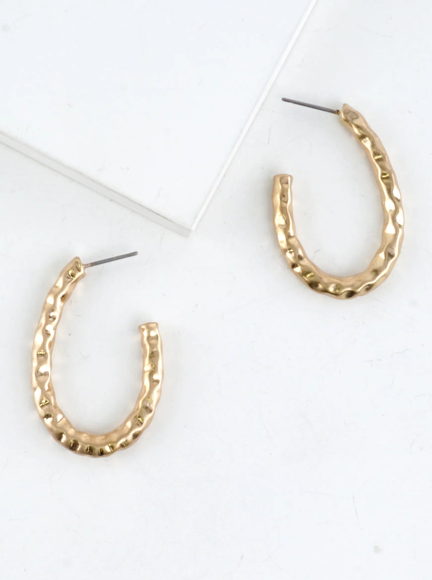 Hammered Organic Elongated Oval Hoop Earrings