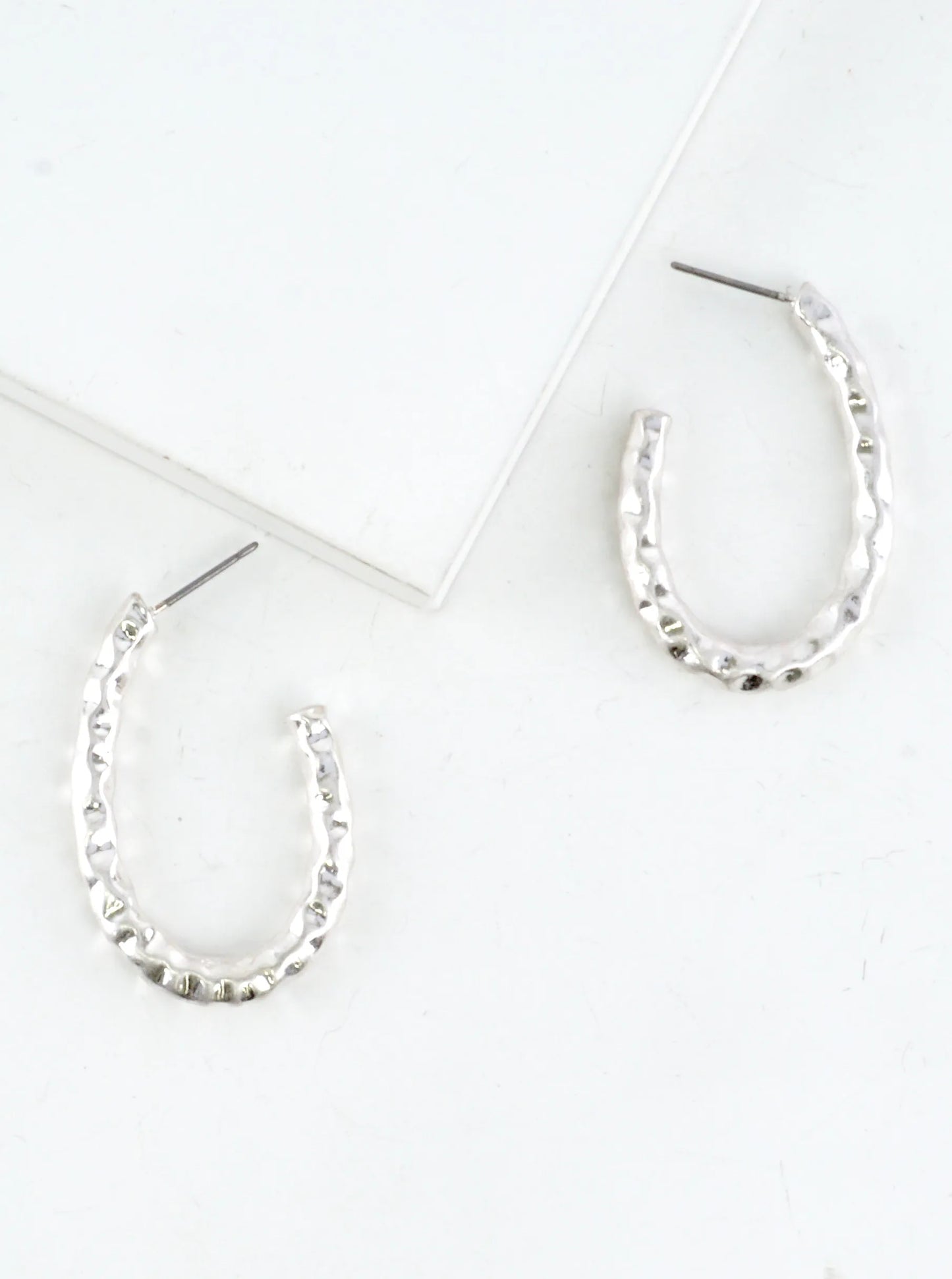 Hammered Organic Elongated Oval Hoop Earrings