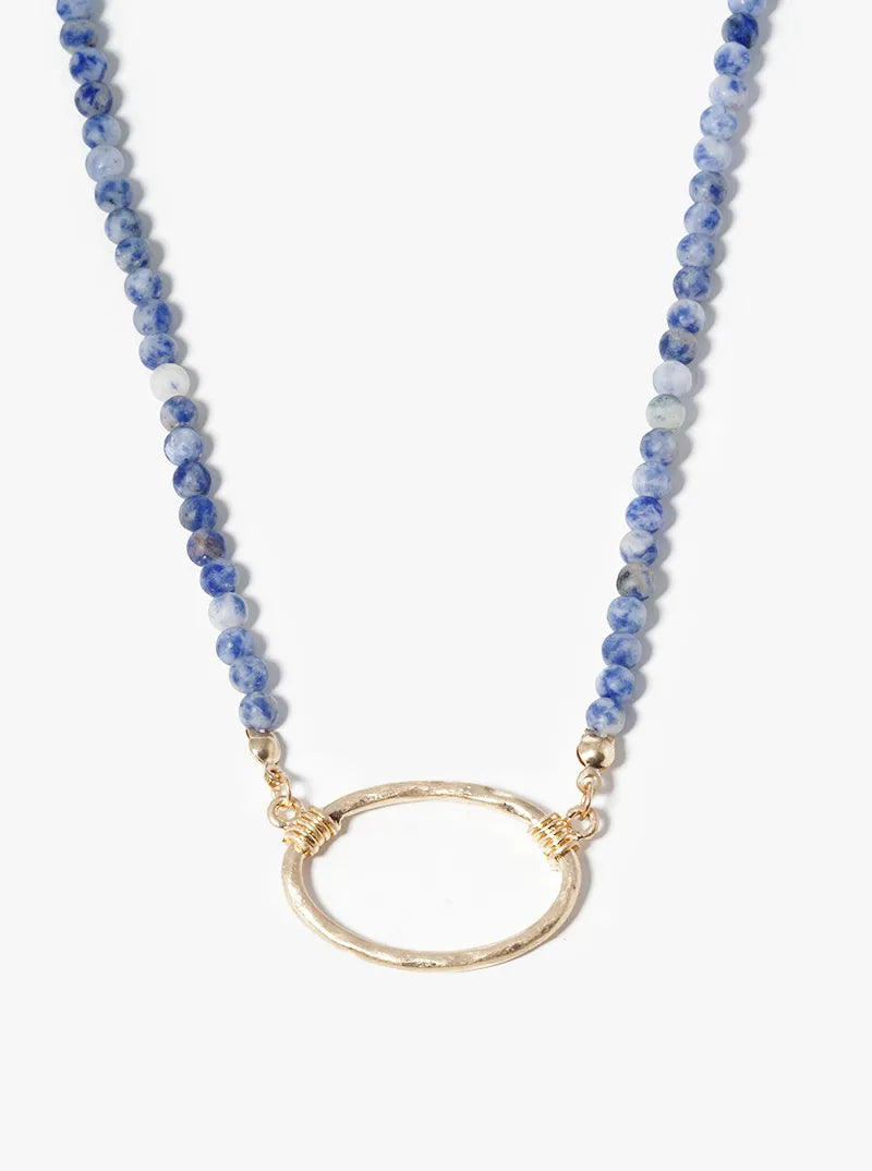 Hammered Oval Pendant Semiprecious Stone Necklace