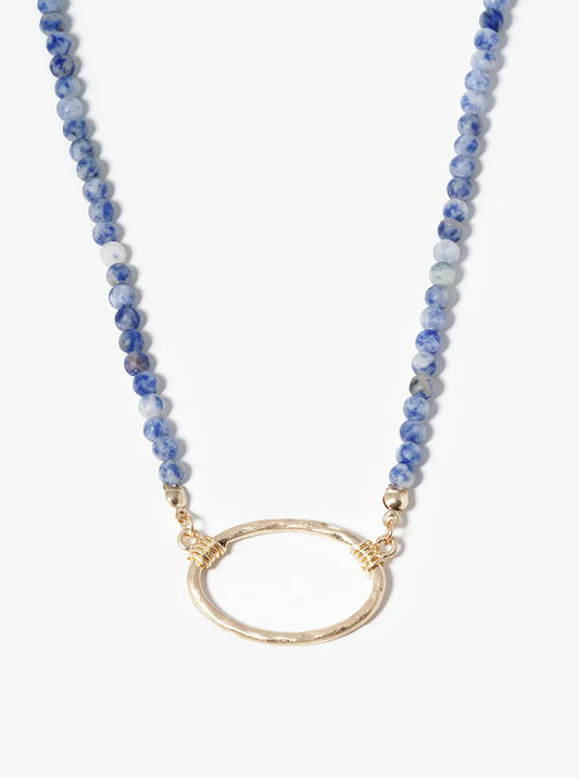 Hammered Oval Pendant Semiprecious Stone Necklace