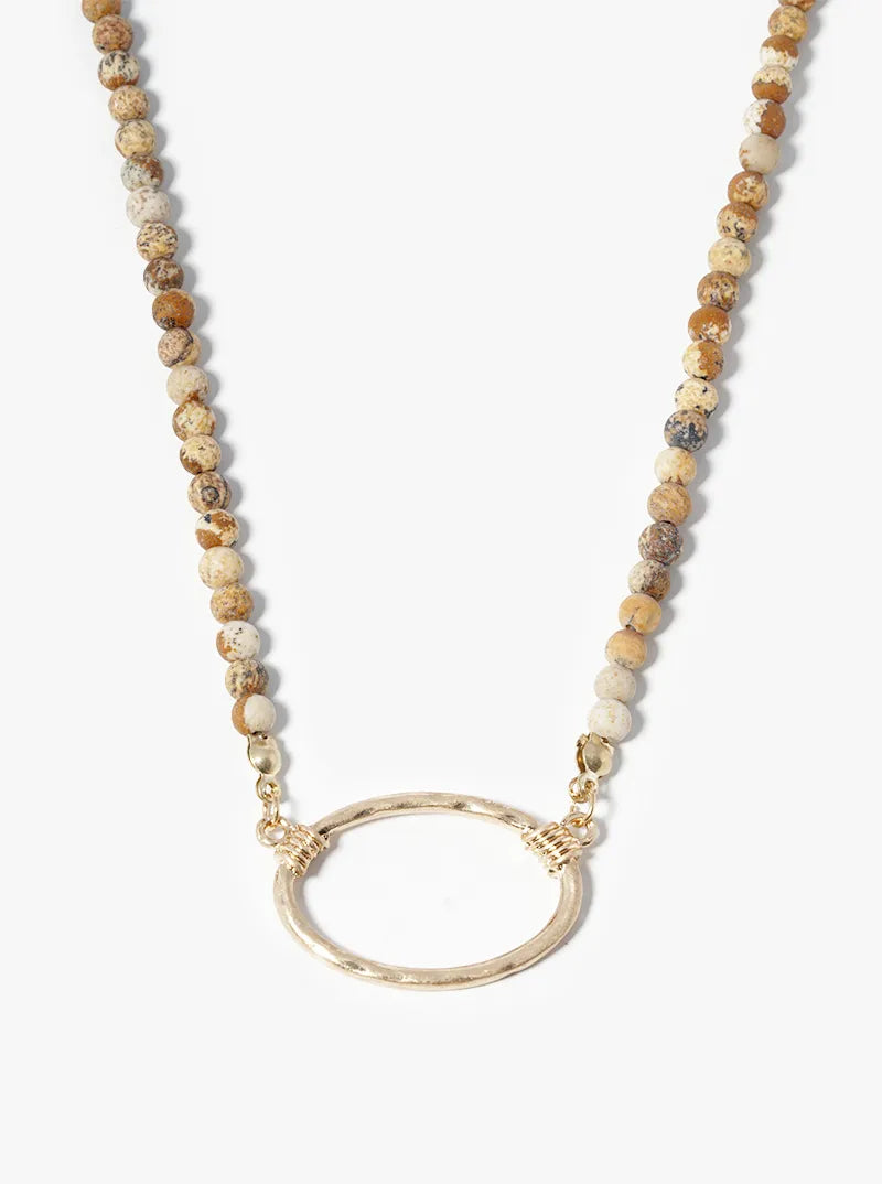 Hammered Oval Pendant Semiprecious Stone Necklace