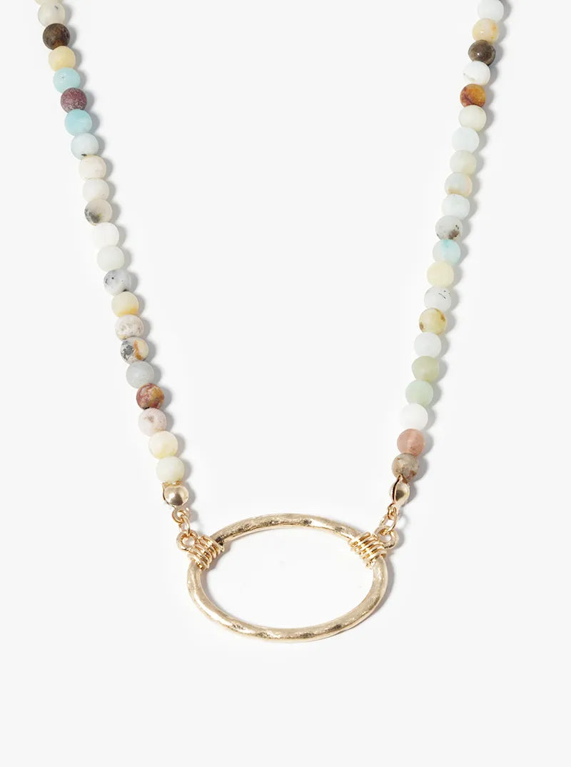 Hammered Oval Pendant Semiprecious Stone Necklace
