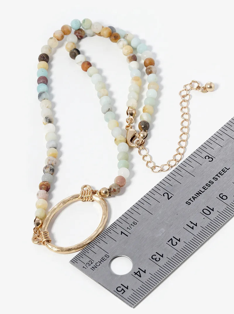 Hammered Oval Pendant Semiprecious Stone Necklace