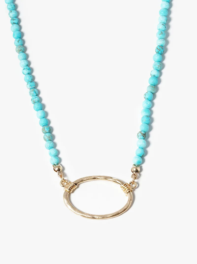 Hammered Oval Pendant Semiprecious Stone Necklace