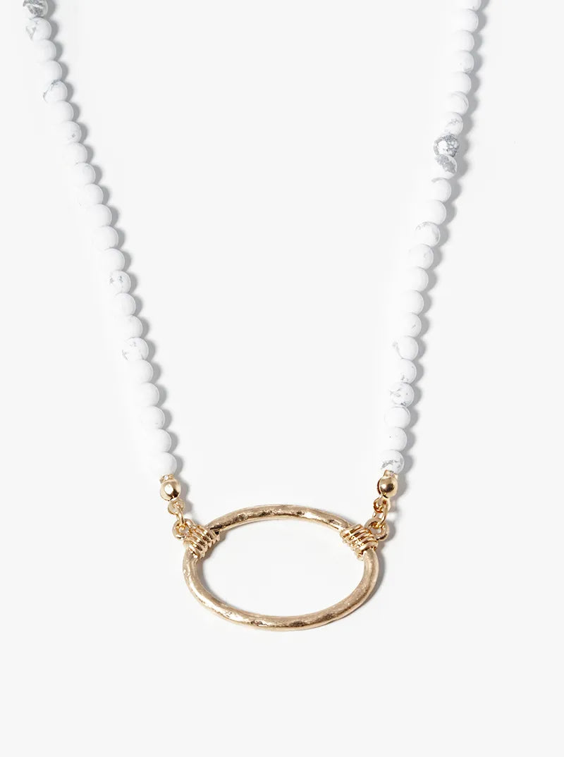 Hammered Oval Pendant Semiprecious Stone Necklace