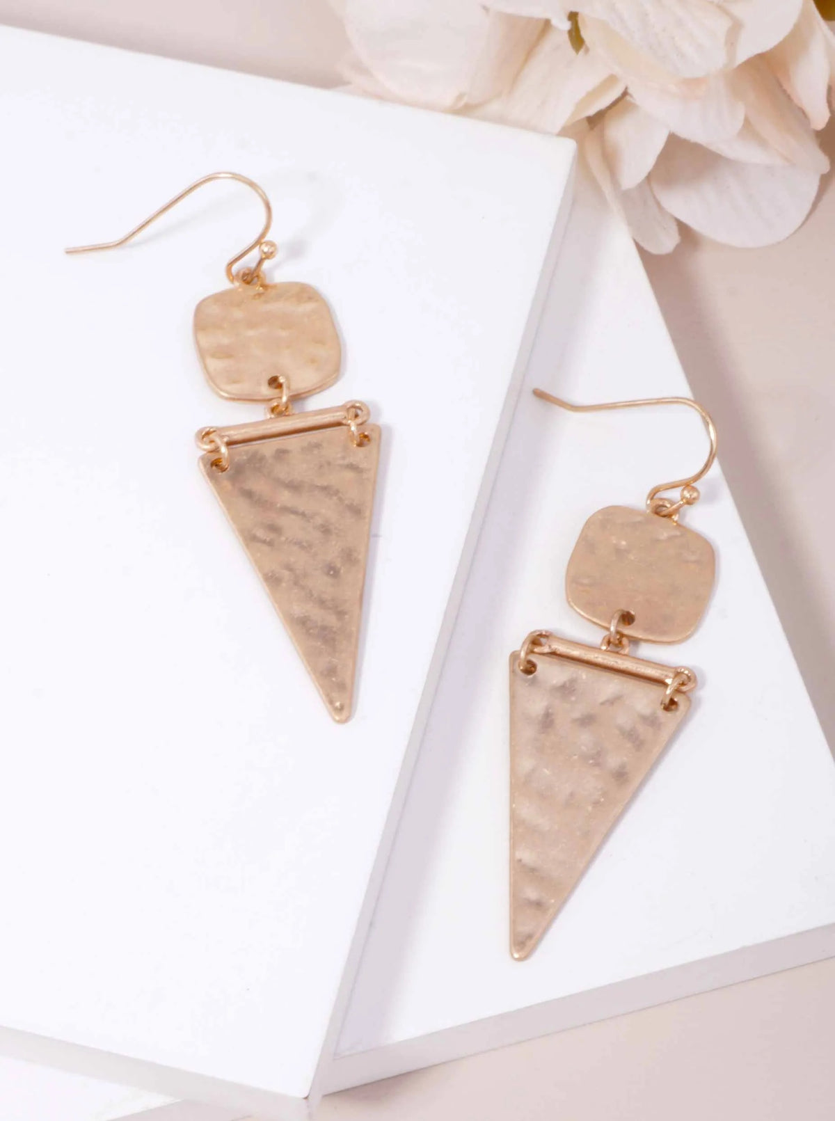 Hammered Square Triangle Matte Hook Earrings - Worn Gold