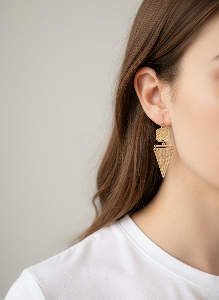 Hammered Square Triangle Matte Hook Earrings - Worn Gold