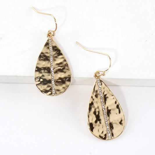 Hammered Teardrop Center Crystal Laden Earrings