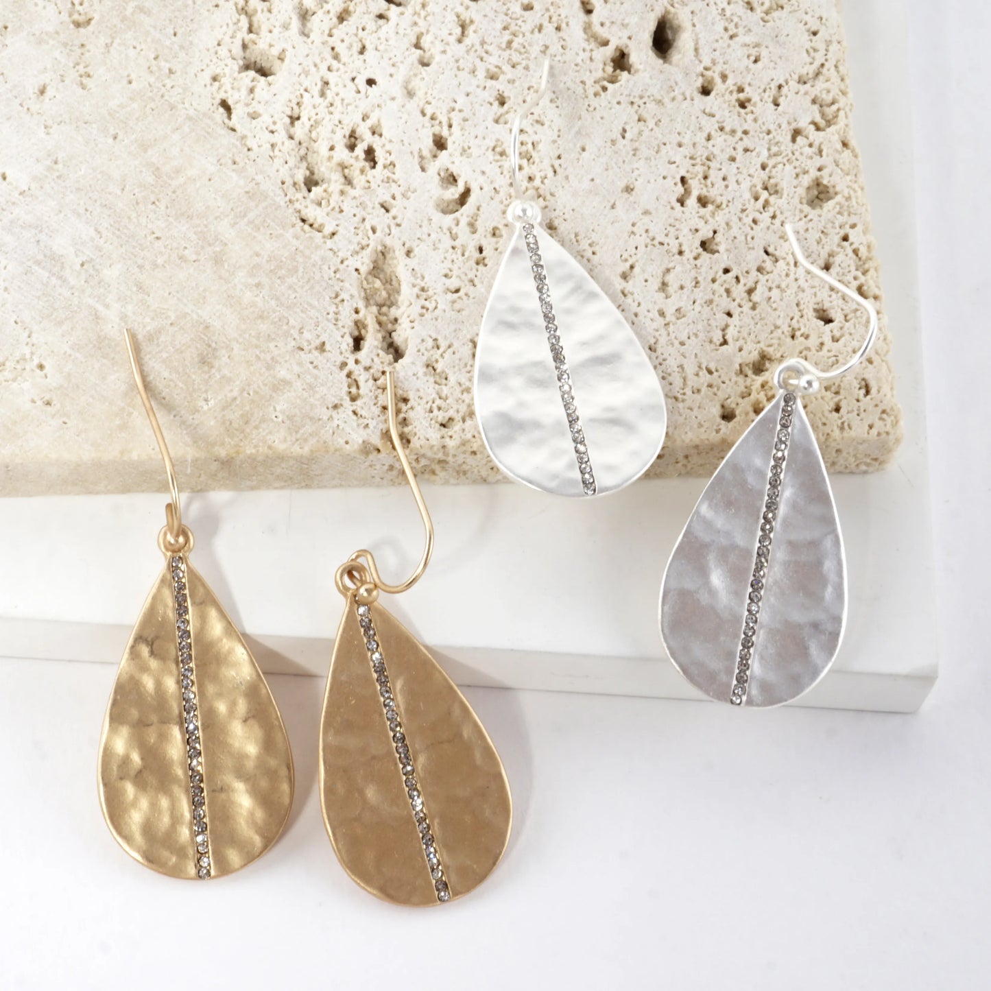 Hammered Teardrop Center Crystal Laden Earrings