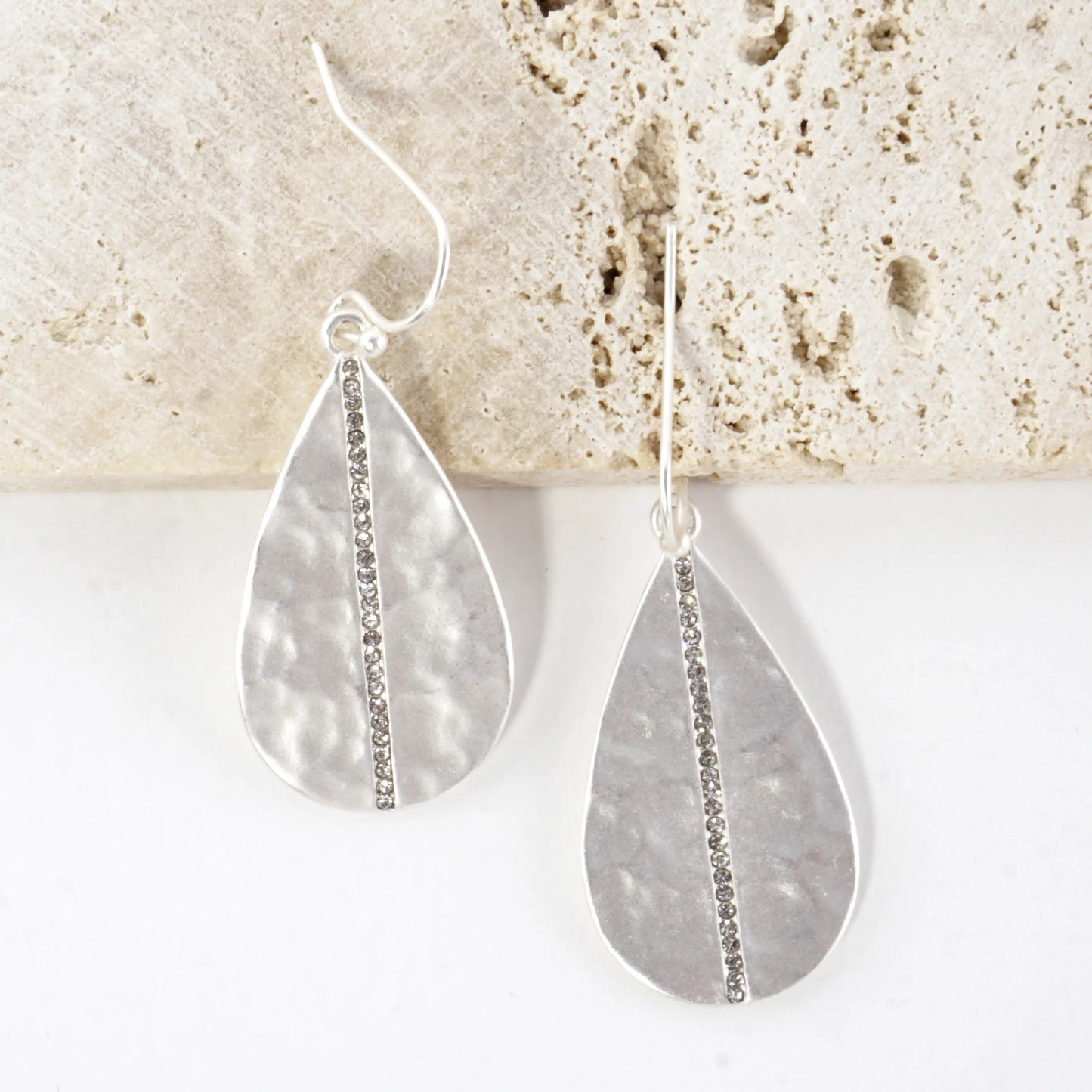 Hammered Teardrop Center Crystal Laden Earrings
