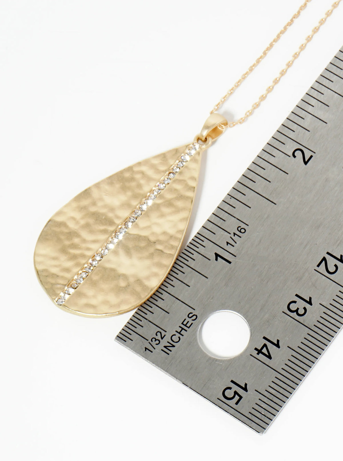 Hammered Teardrop Pendant Necklace With Crystal Accent