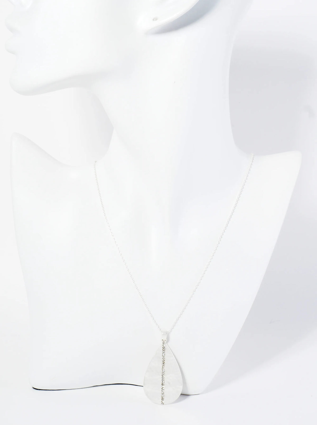 Hammered Teardrop Pendant Necklace With Crystal Accent