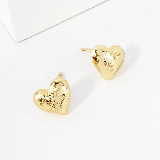 Hammered-Texture 10mm Puffy Heart 14K-Gold-Dipped Brass Earrings