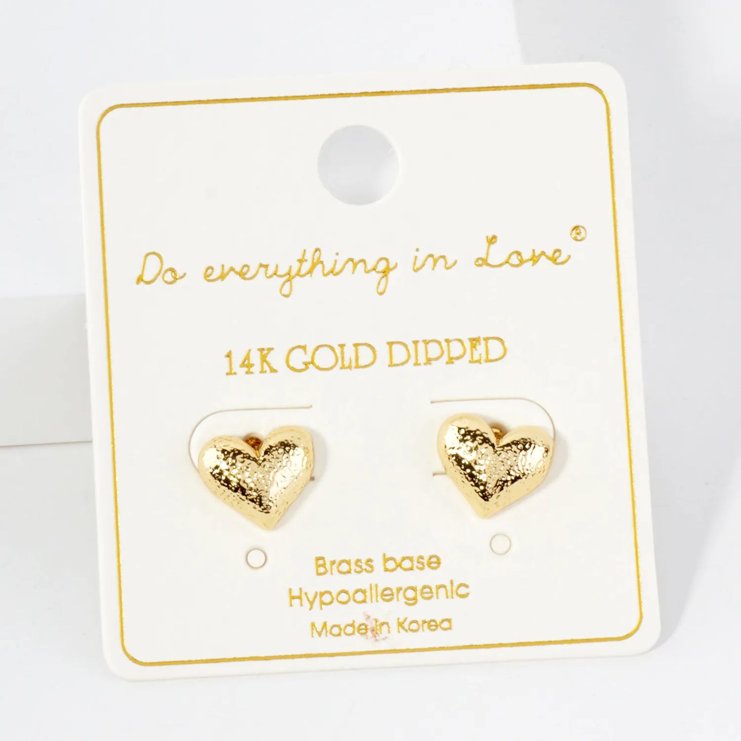 Hammered-Texture 10mm Puffy Heart 14K-Gold-Dipped Brass Earrings