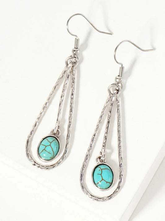 Hammered-Texture 9mm Oval Semi-Precious Natural-Stone Drop Teardrop Dangle Earrings