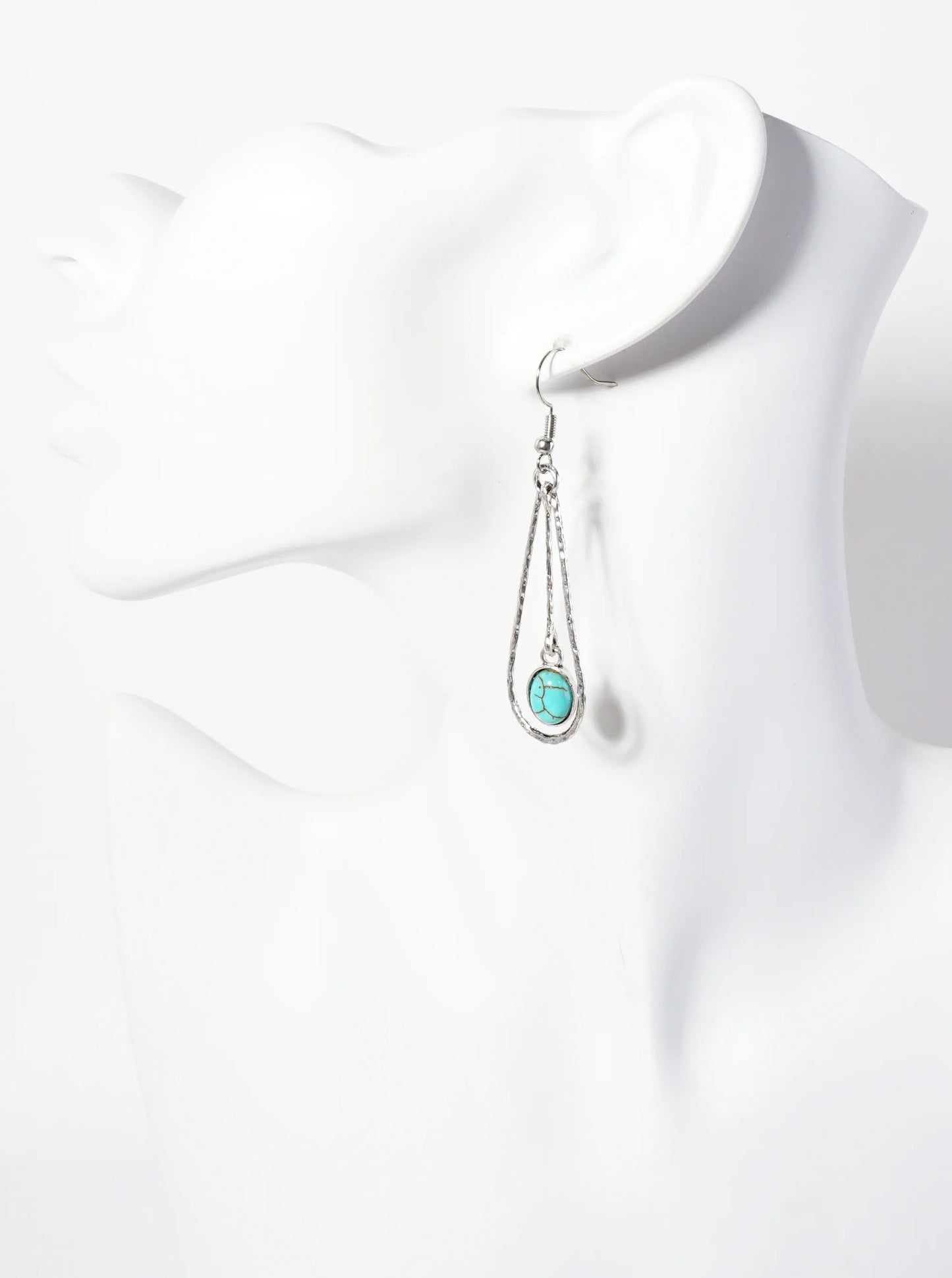 Hammered-Texture 9mm Oval Semi-Precious Natural-Stone Drop Teardrop Dangle Earrings