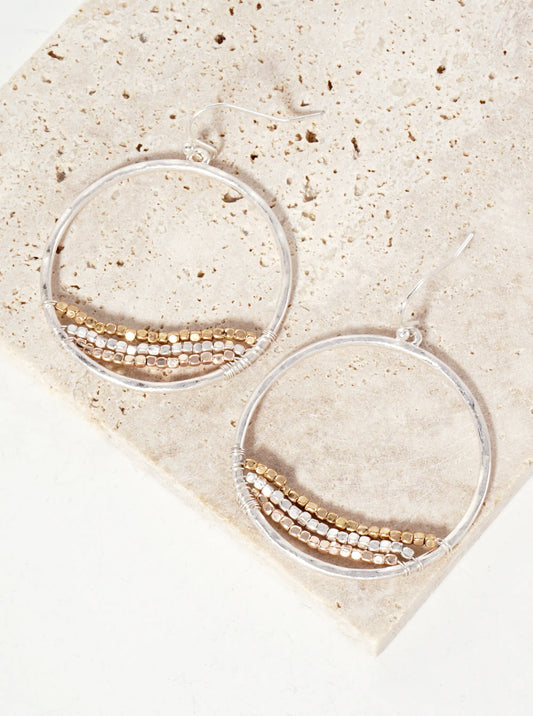 Hammered-Texture Circle Earrings With 3 Seed-Beads Strung-in-a-Line