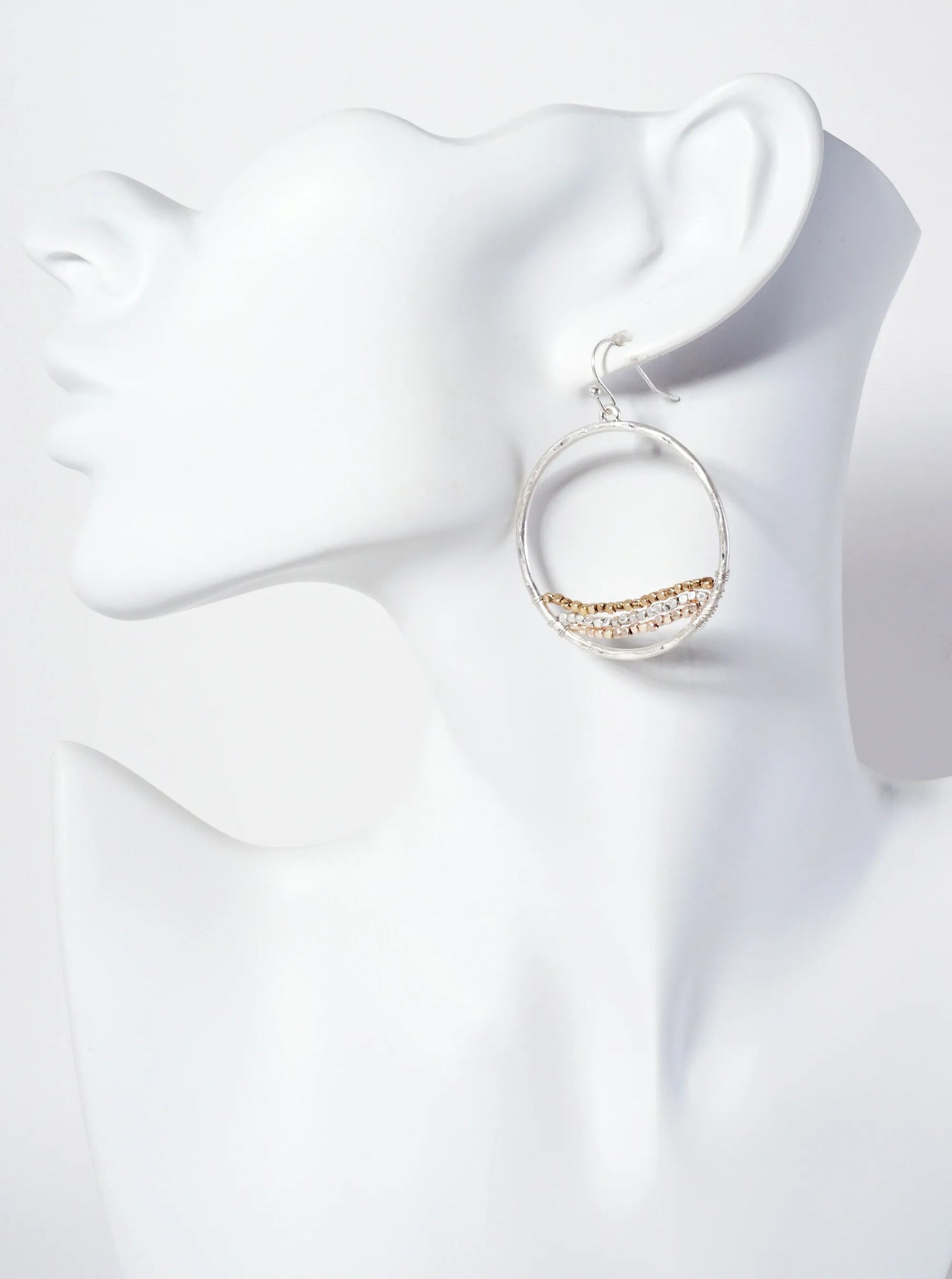 Hammered-Texture Circle Earrings With 3 Seed-Beads Strung-in-a-Line