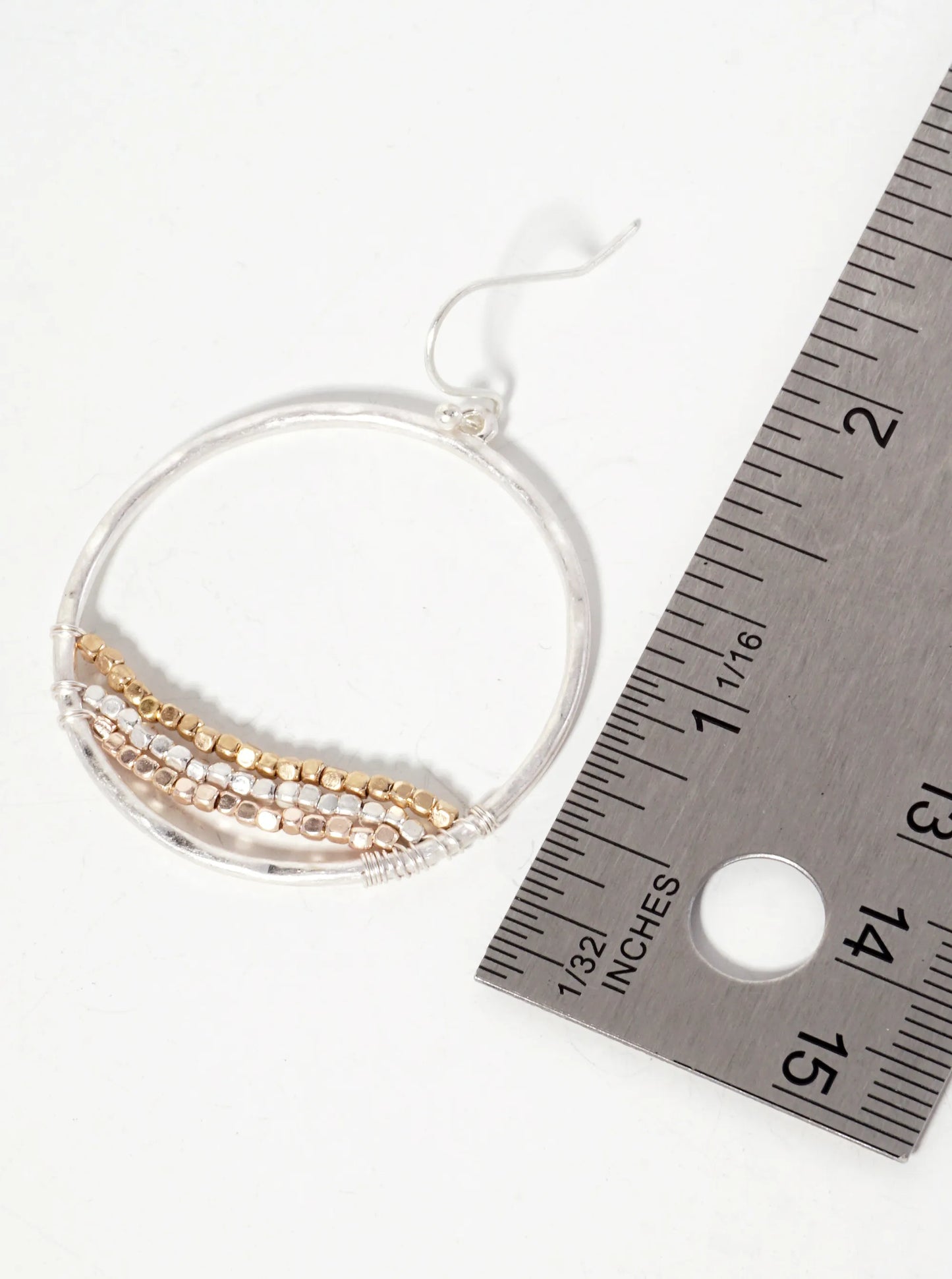 Hammered-Texture Circle Earrings With 3 Seed-Beads Strung-in-a-Line