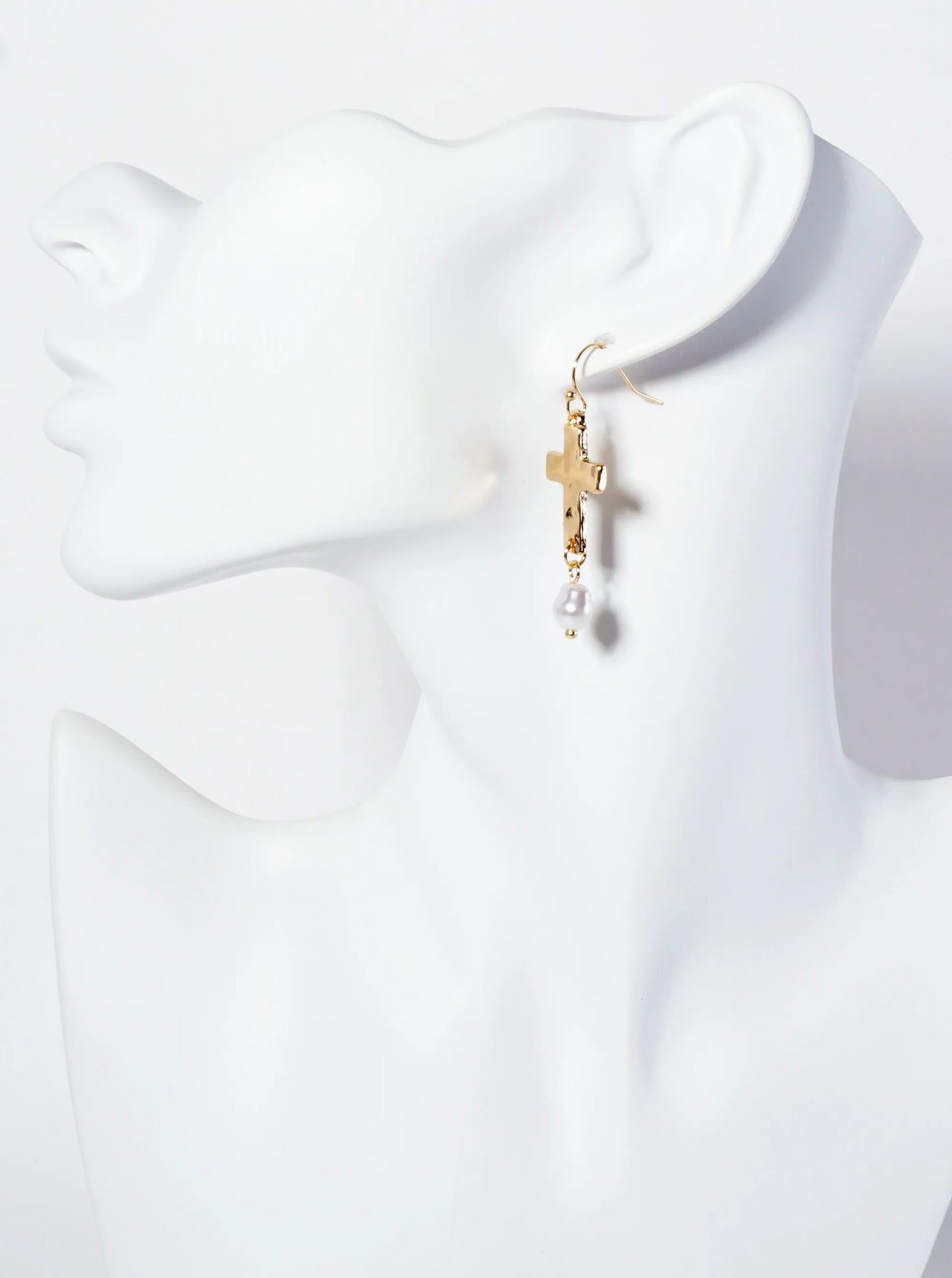 Hammered-Texture Cross Dangle Earrings With Pearl Accent