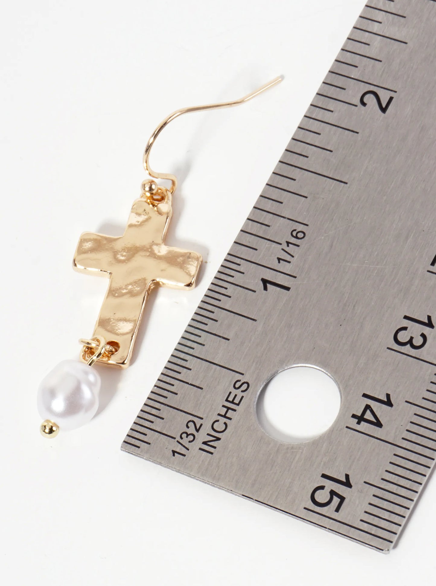 Hammered-Texture Cross Dangle Earrings With Pearl Accent
