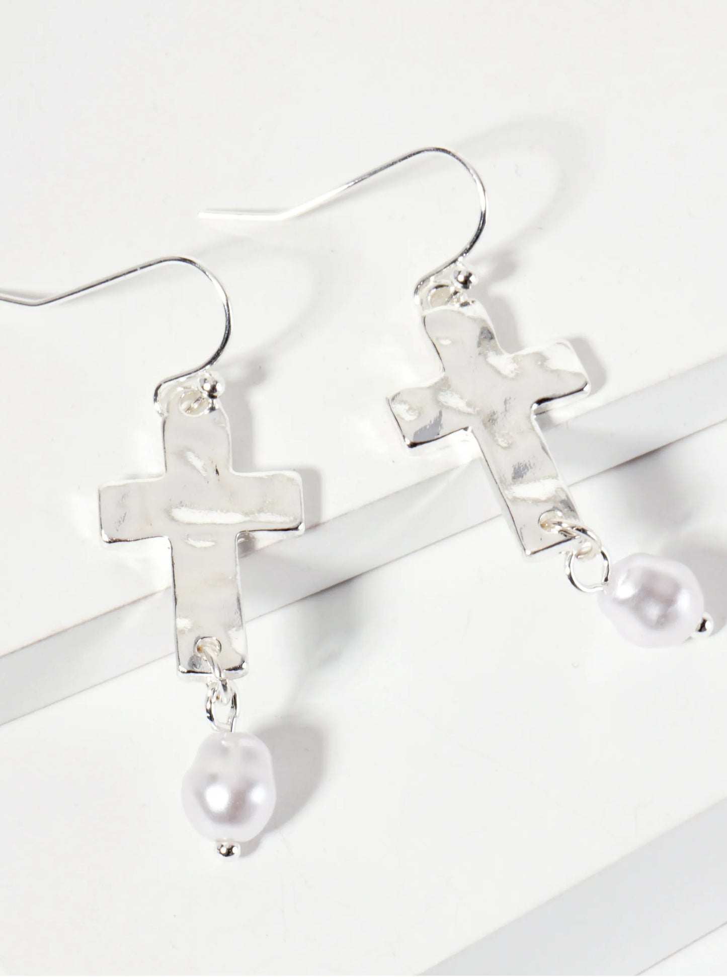 Hammered-Texture Cross Dangle Earrings With Pearl Accent