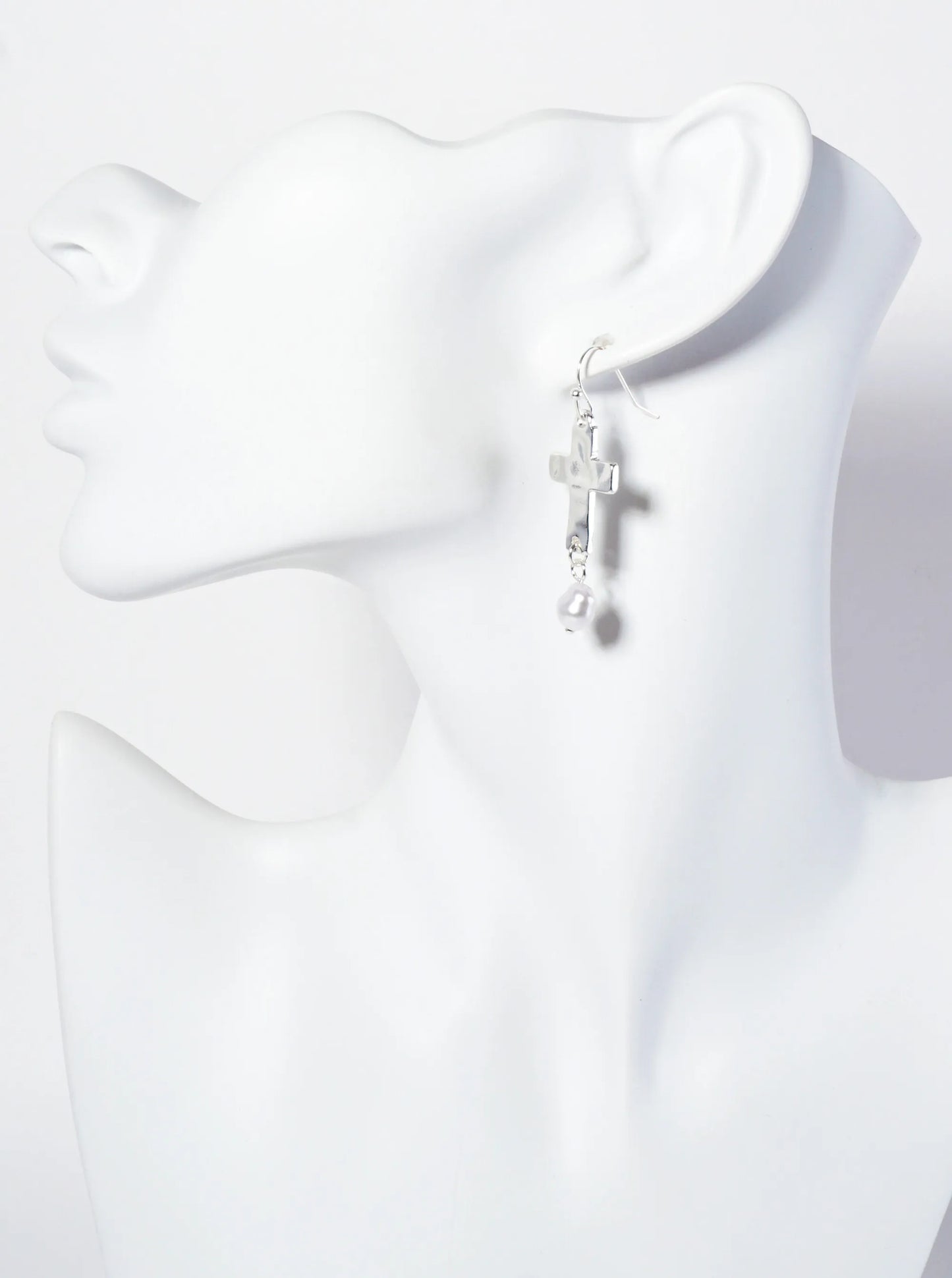 Hammered-Texture Cross Dangle Earrings With Pearl Accent