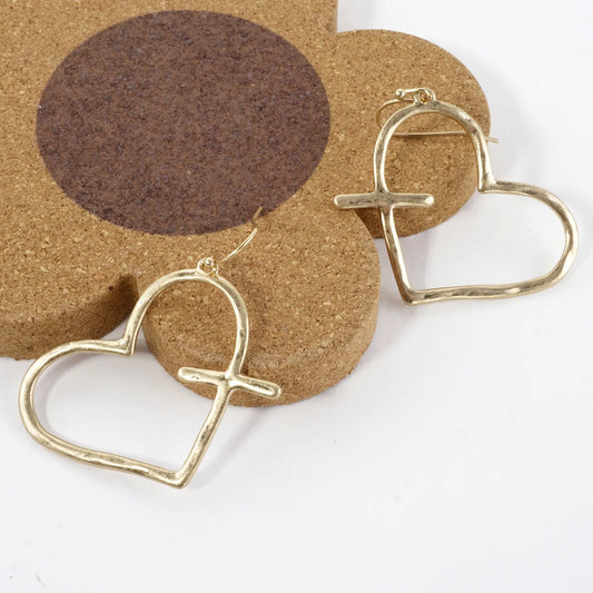Hammered-Texture Cross-Heart Combined Earrings