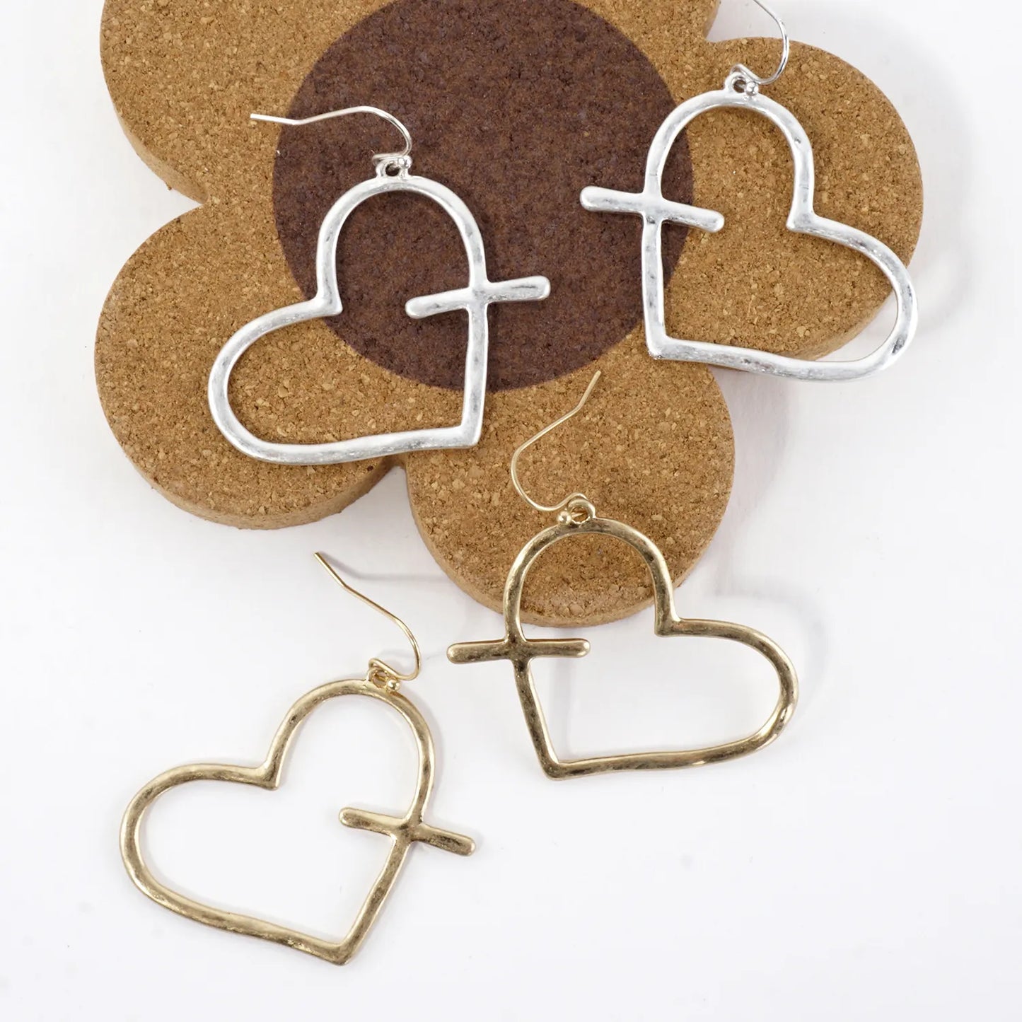 Hammered-Texture Cross-Heart Combined Earrings