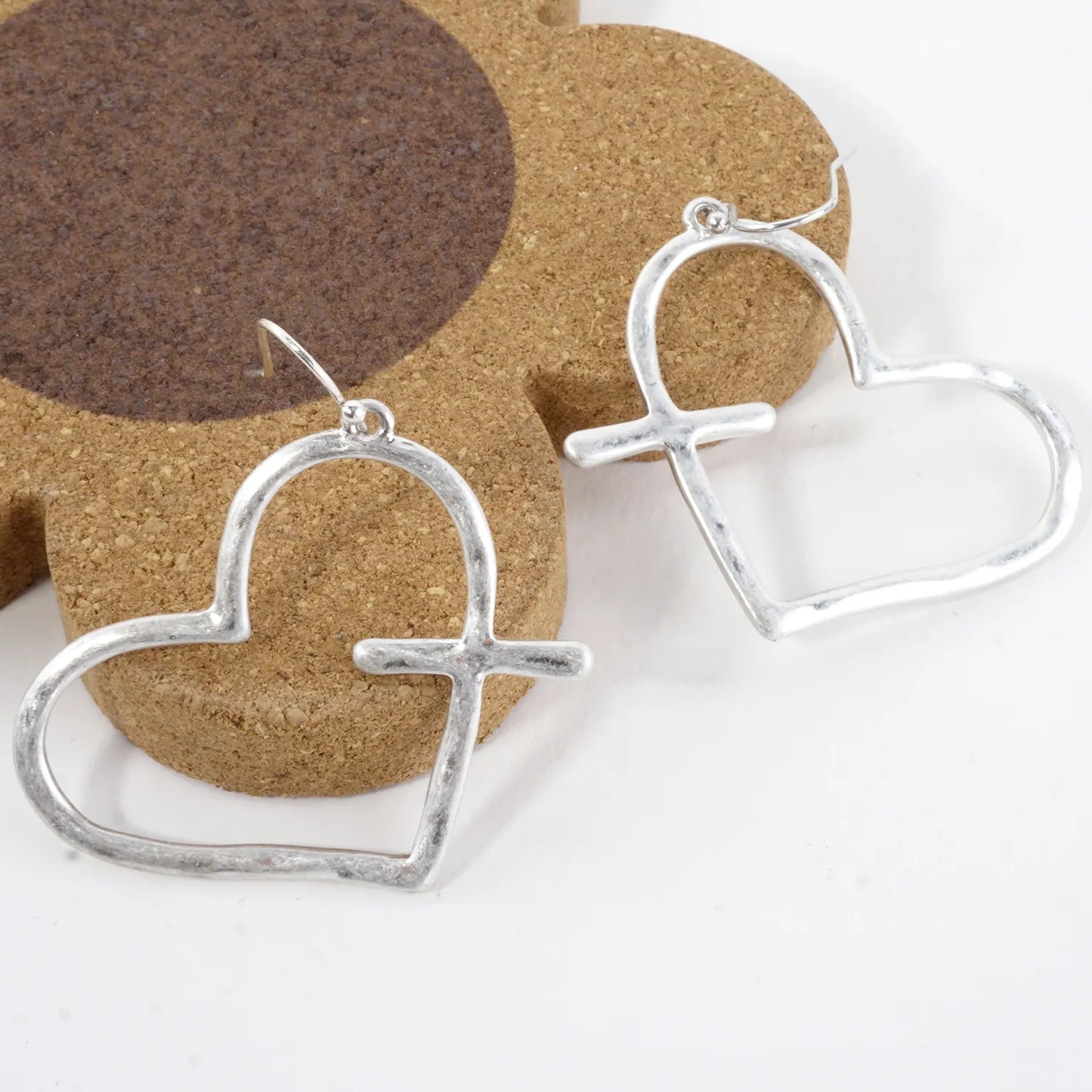 Hammered-Texture Cross-Heart Combined Earrings