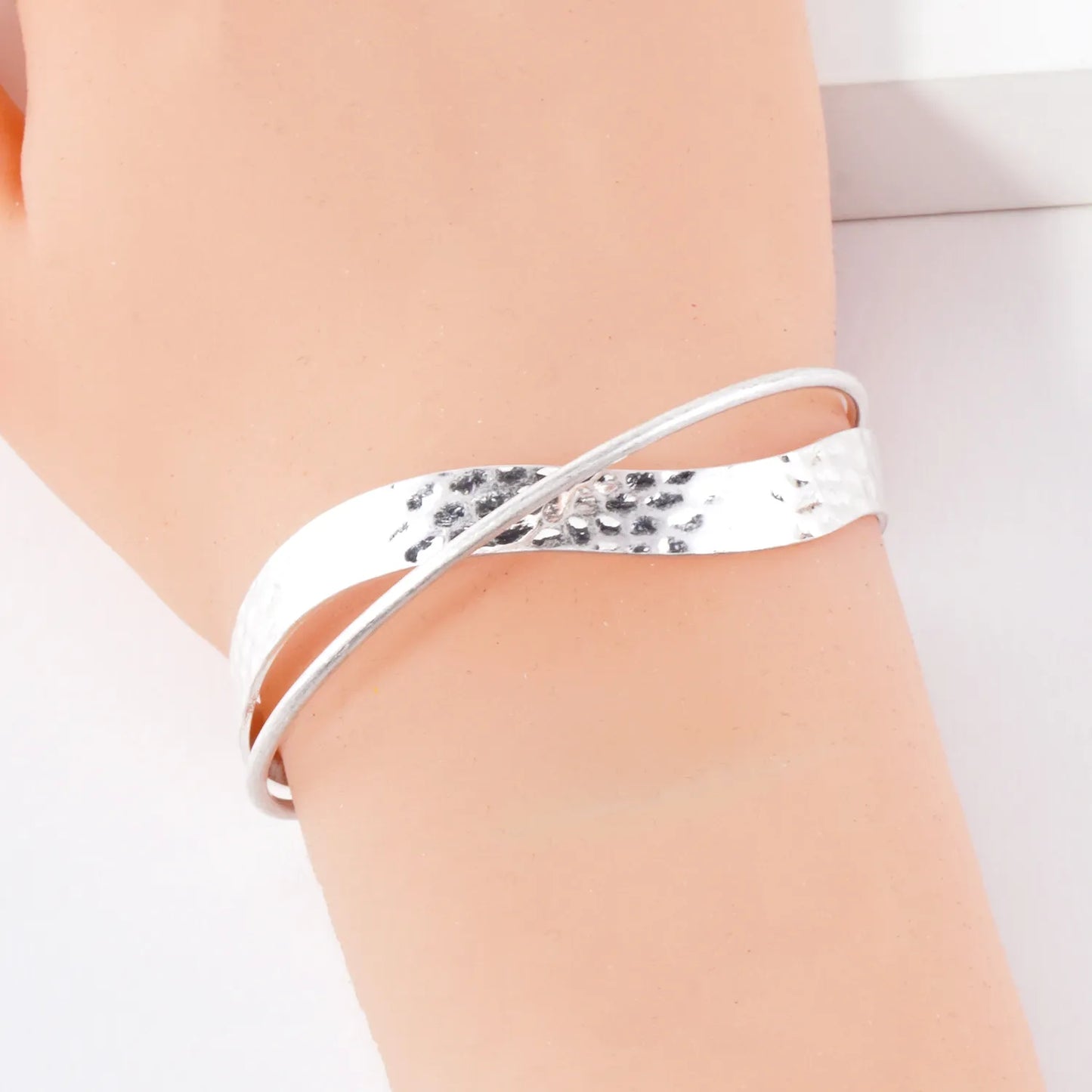 Hammered-Texture Crossover Open Cuff Bracelet