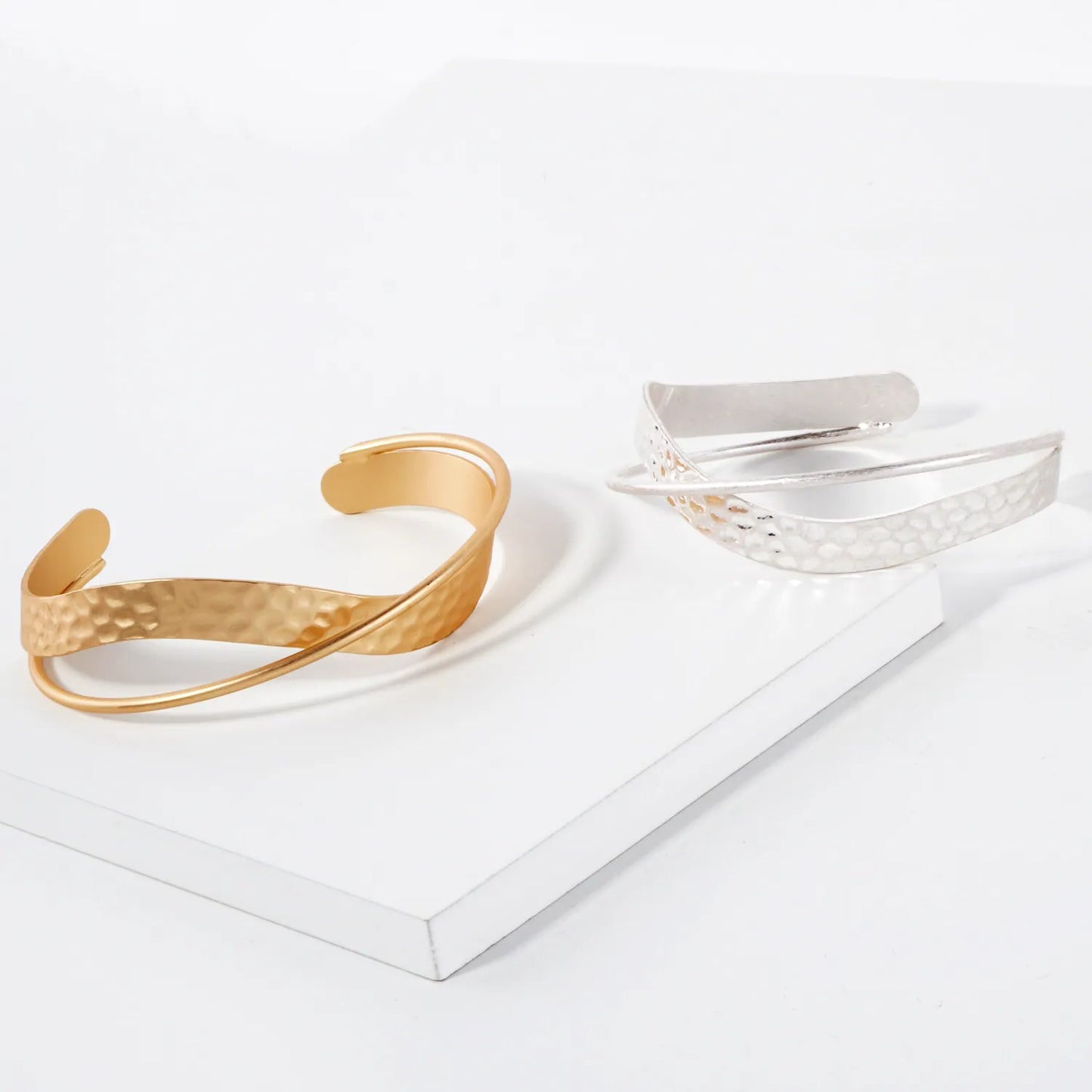 Hammered-Texture Crossover Open Cuff Bracelet